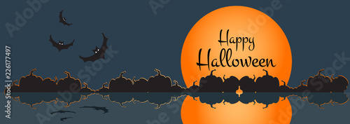 Illustration of a happy halloween banner with halloween city scene. Website spooky or banner template. Vector illustration