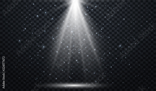 	 White spotlights. Light Effects. Realistic falling snowflakes. Vector illustration