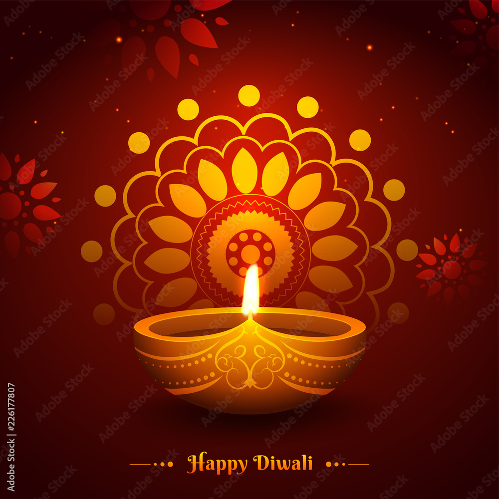 Happy Diwali greeting card design with realistic oil lamp on brown ...