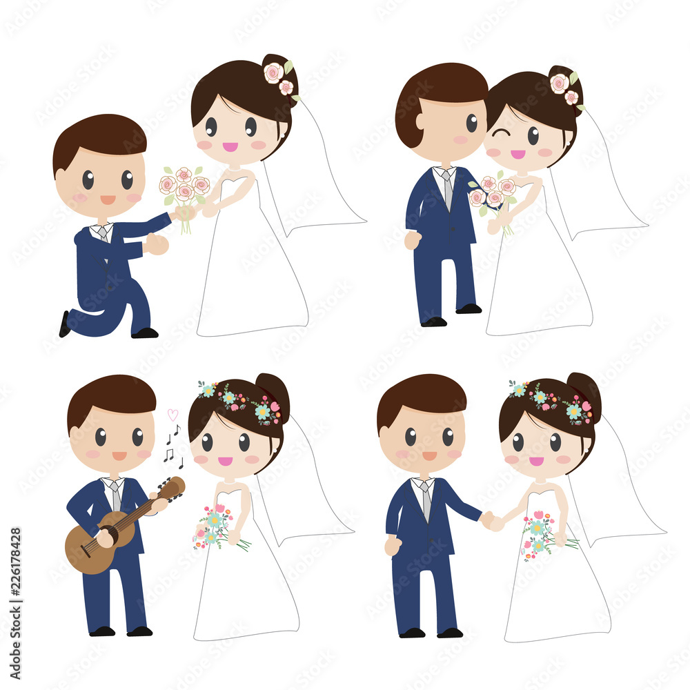 cute cartoon beautiful bride and groom couples in wedding dress holding hands on white background isolated EPS10 vector illustration cute cartoon beautiful bride and groom couples in wedding dress holding hands on white background isolated EPS10 vector illustration