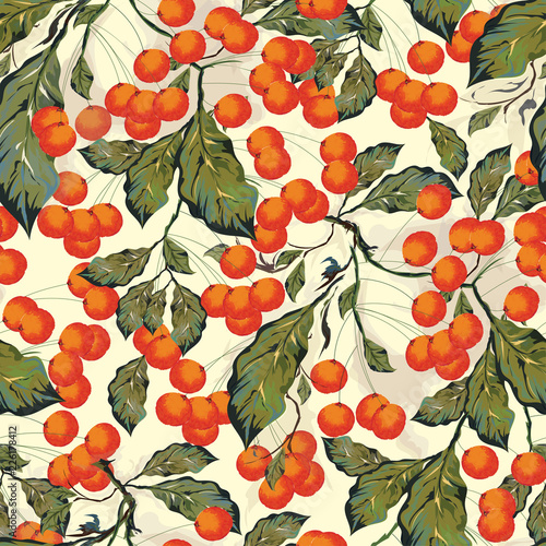 Orange berries with green leaves decorated seamless pattern background.