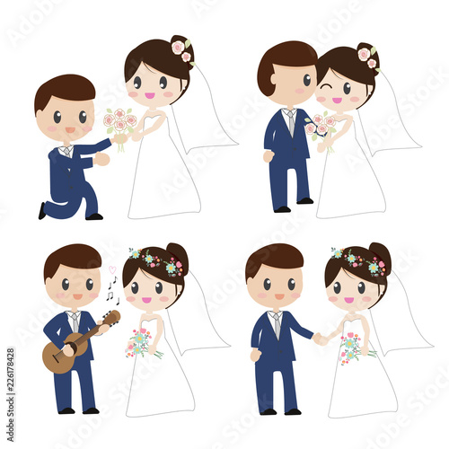 cute cartoon beautiful bride and groom couples in wedding dress holding hands on white  background isolated EPS10 vector illustration