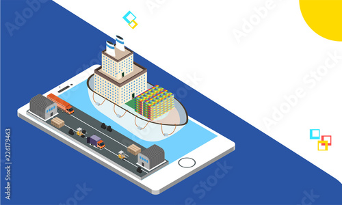 Isometric smartphone with shipping tracking system, location tracking application in mobile phone. Responsive web template design.