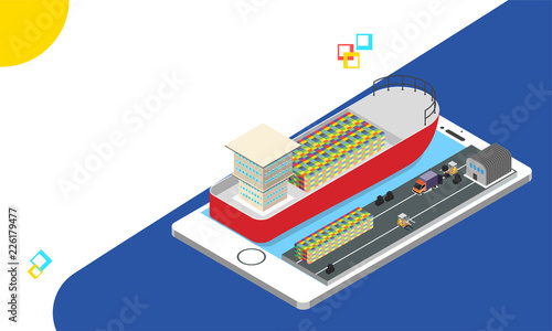 Isometric smartphone with shipping tracking system, location tracking application in mobile phone. Responsive web template design.