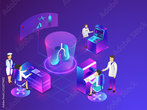 Different health care equipments and checkup platform like eye checkup, body scanning and testing process, isometric design on shiny blue background.