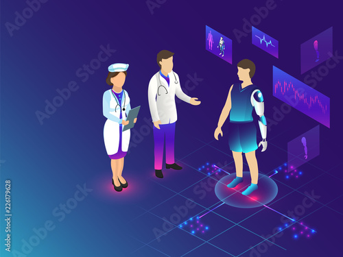 Futuristic technology for Medical Biotechnology concept based isometric design. Can be used as web template design.