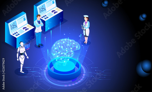Futuristic, Robotic, Medical Technology concept based isometric design, robot scanning brain, doctor analysis the process. Can be used as web template design.