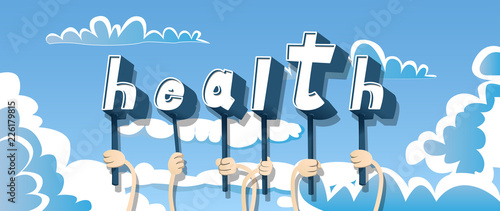 Diverse hands holding letters of the alphabet created the word Health. Vector illustration.