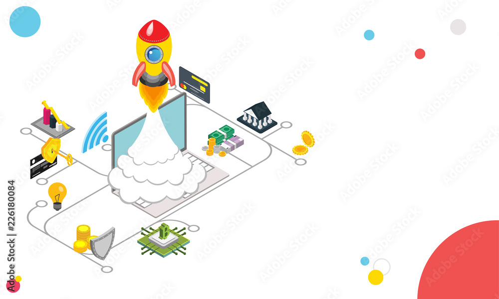 Fototapeta premium Isometric laptop with rocket for business startup concept, essential startup equipments on white background. Responsive web template design.