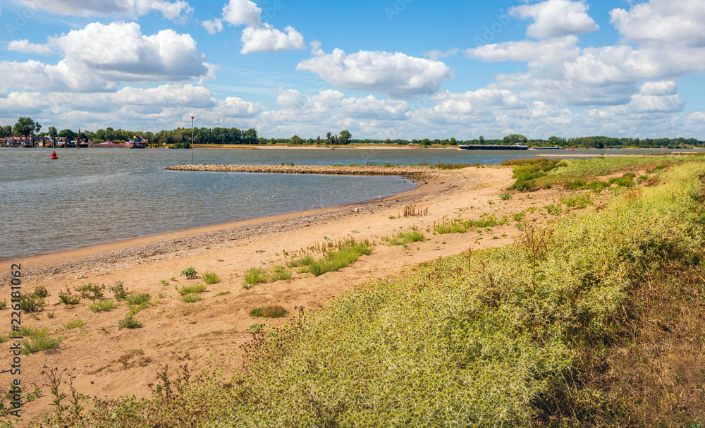 Panoramic image of the Dutch river Waal and the bank with planting on a warm day in the summer season Panoramic image of the Dutch river Waal and the bank with planting on a warm day in the summer season