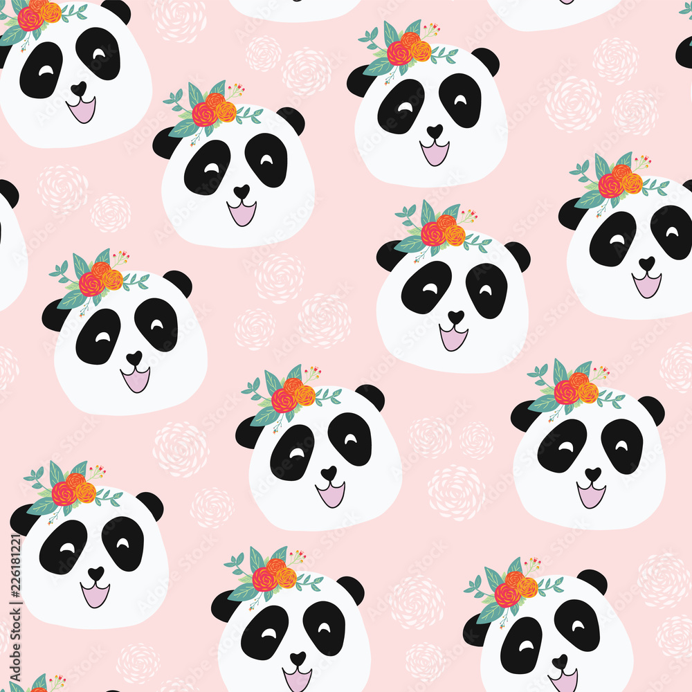 Fototapeta premium Panda bear with flowers seamless vector repeat pattern. Cute animal illustration on pink background for girls. For facric, paper, kids room decor, wallpaper, back to school, nursery, baby shower, card