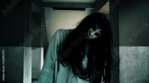 Woman horror scary ghost at house, halloween concept photo