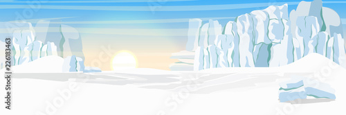 The glacier and the snow-covered plain. Vector landscape of the Arctic, Antarctic or Greenland