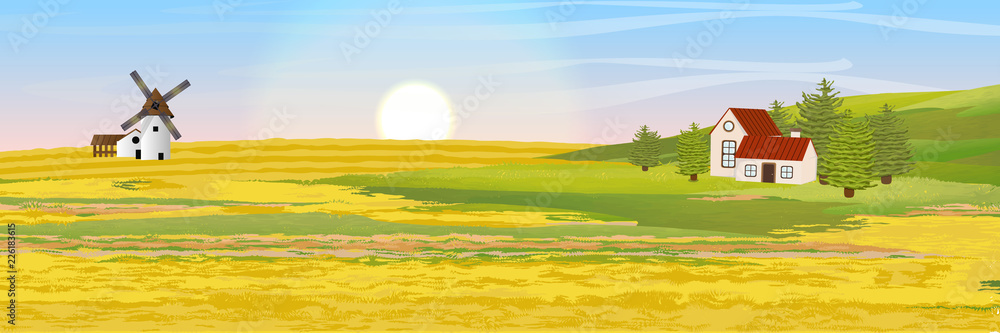 Field sown with cereals. Mill and village house near the hill. Harvesting. Country life. Vector rural landscape Field sown with cereals. Mill and village house near the hill. Harvesting. Country life. Vector rural landscape
