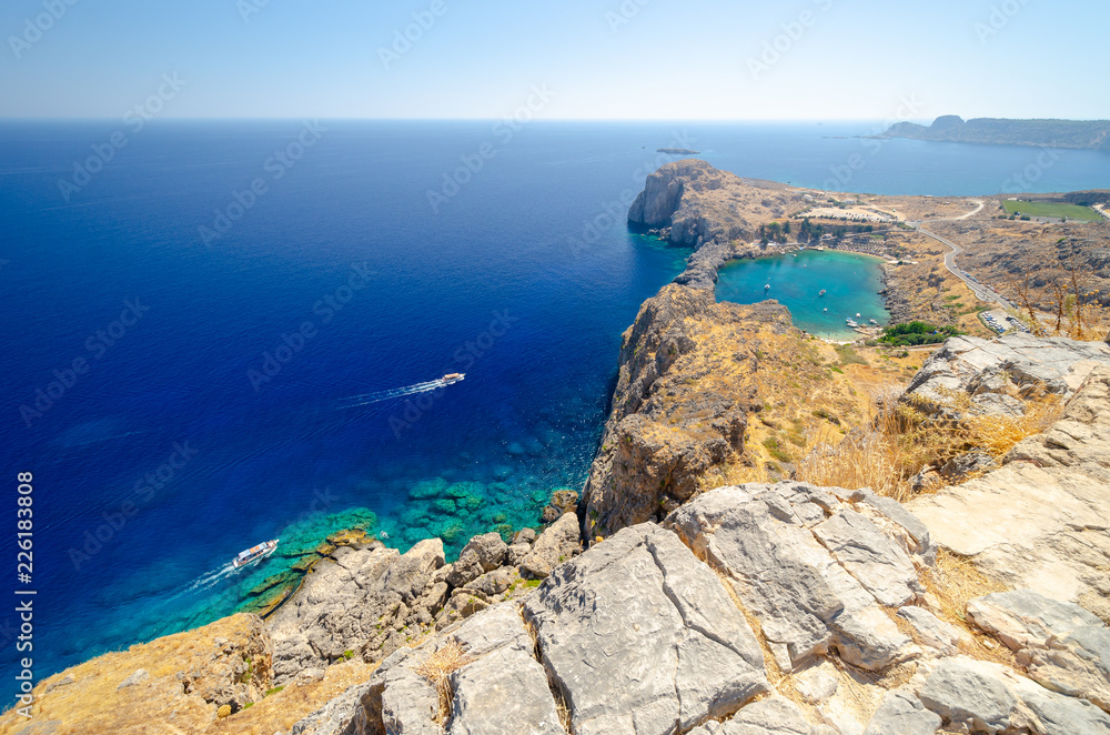 view on St Paul's Bay in Lindos, Rhodes island, Dodecanese, Greece