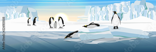 A flock of realistic imperial penguins. Two penguins dive from the ice floe into the water. The glacier and the snow-covered plains and the cold blue sea. Landscapes of the Antarctic.