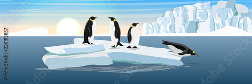 The glacier and the ice-break from it, floating in the dark cold sea. Penguins on the ice floe. Vector landscape of the Arctic, Antarctic or Greenland. Northern landscapes.