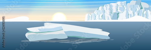 The glacier and the ice-break from it, floating in the dark cold sea. Floe. Vector landscape of the Arctic, Antarctic or Greenland. Northern landscapes.