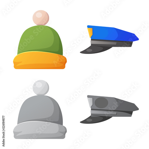 Vector illustration of headgear and cap sign. Collection of headgear and accessory stock vector illustration.