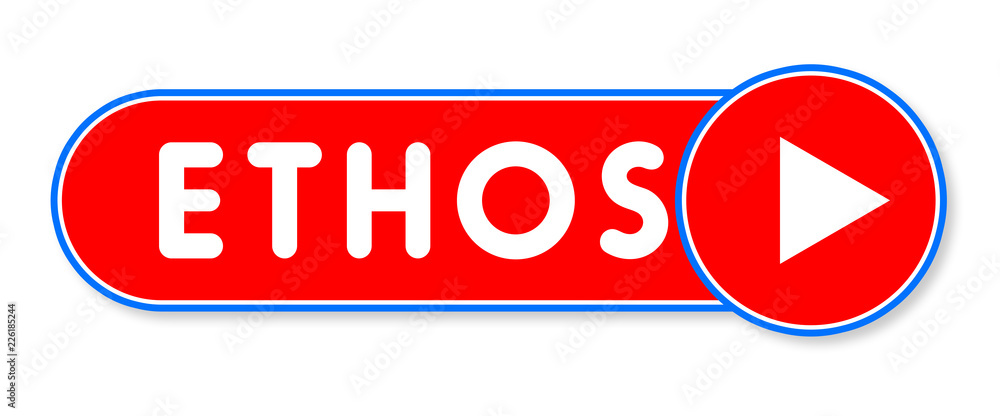 Ethos - white text written on a red banner on white background Ethos - white text written on a red banner on white background