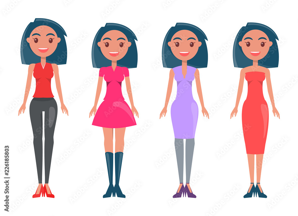 Obraz premium Young Girls in Casual and Elegant Outfits Set