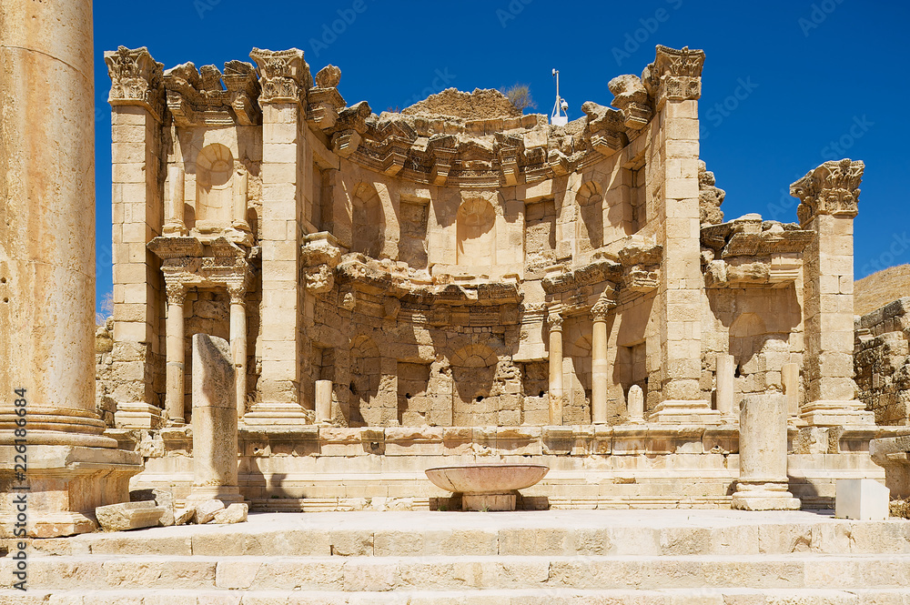 Ruins of the Nymphaeum in the Roman city of Gerasa (modern Jerash) in Jordan..