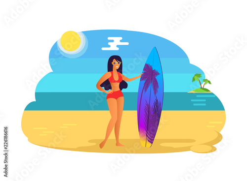Suntanned Girl Red Swimsuit with Surfboard Woman