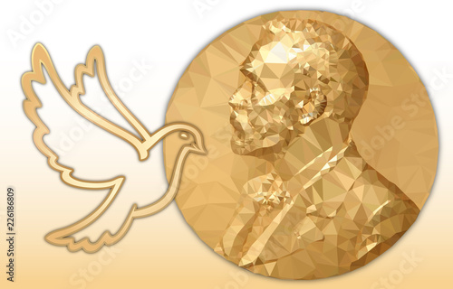 Nobel Peace award, gold polygonal medal and dove symbol photo