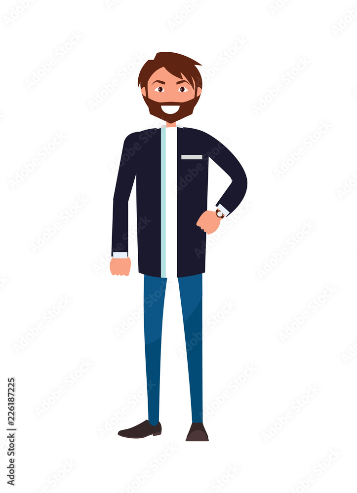 Bearded Man in Jacket and Blue Jeans Stand Smiling Bearded Man in Jacket and Blue Jeans Stand Smiling