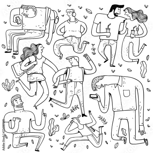 Collection of hand drawn people on the park. Vector illustrations in sketch doodle style.