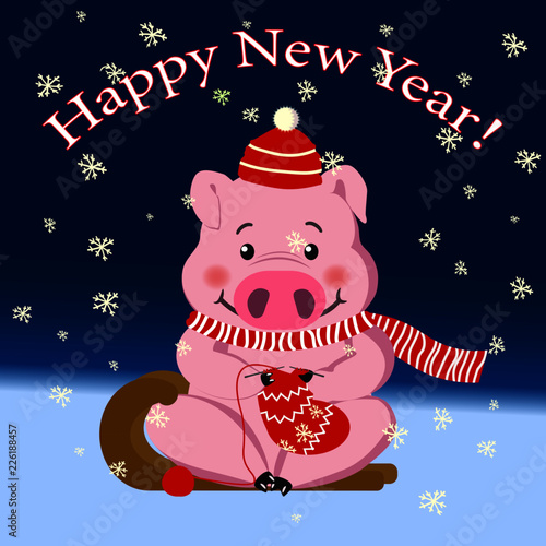 Pig, symbol 2019, new year, holiday. Cute pig knits a sock.