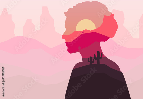 Vector double exposure illustration. Woman silhouette nature background