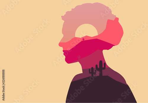 Vector double exposure illustration. Woman silhouette nature background