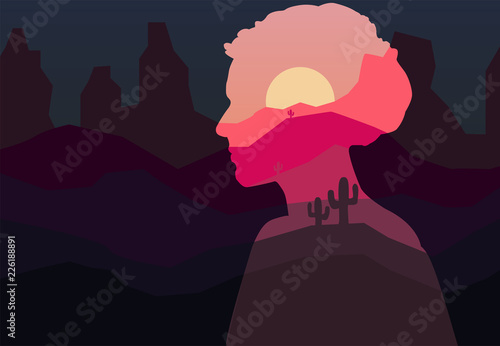 Vector double exposure illustration. Woman silhouette nature background