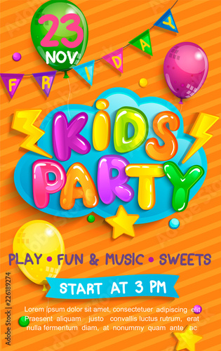 Super Flyer for kids party in cartoon style with sunburst background. Place for fun and play, kids game room for birthday party. Poster for children's playroom decoration. Vector illustration.