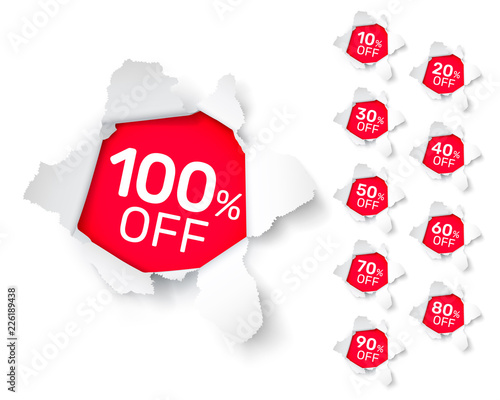 Paper explosion banner collection off with share discount percentage. Vector illustration