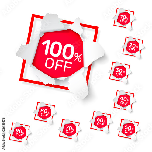 Paper explosion banner collection off with share discount percentage. Vector illustration