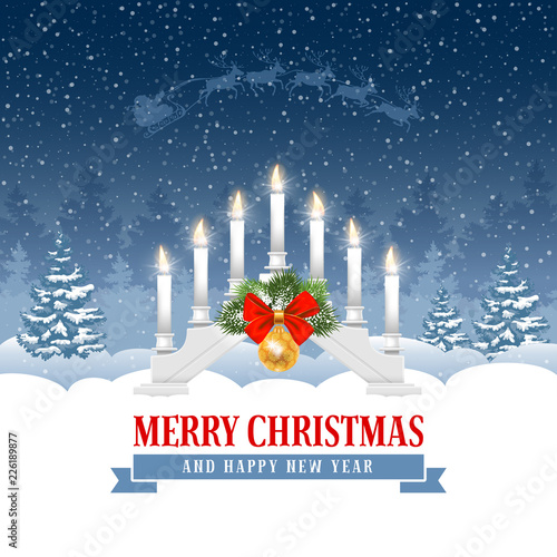 Christmas greeting with candle  lights bridge