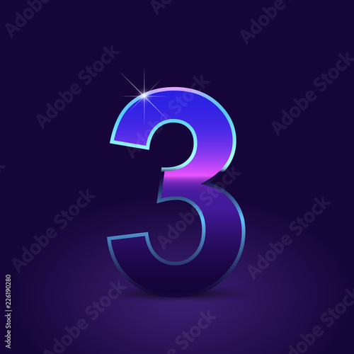 80's retro number 3 vector font isolated on dark violet background