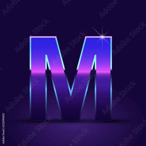 80's retro letter M uppercase vector font isolated on dark violet background