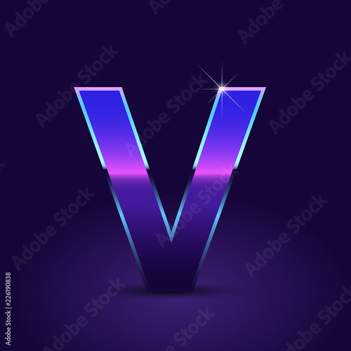 80's retro letter V uppercase vector font isolated on dark violet background