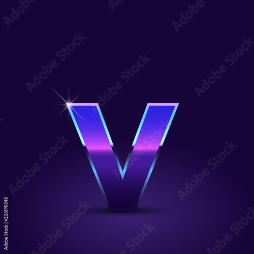 80's retro letter V lowercase vector font isolated on dark violet background