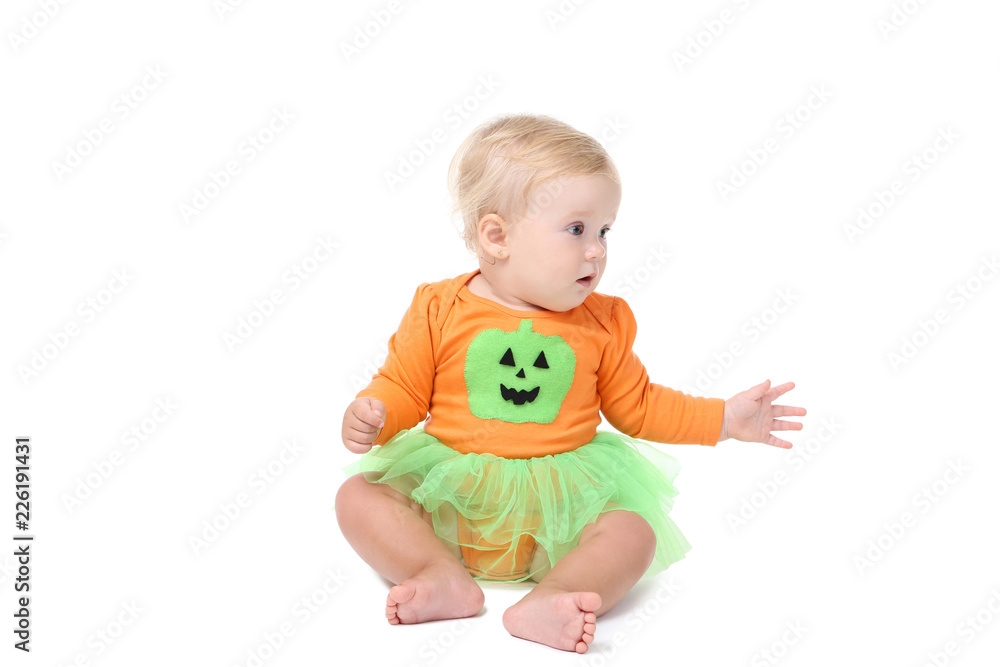 Baby girl in halloween costume on white background Baby girl in halloween costume on white background