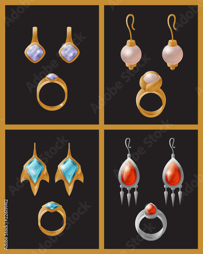 Set of Jewelry Items Golden Earrings with Pearls
