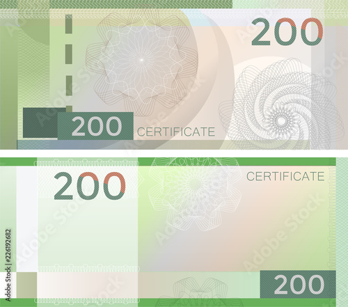 Voucher template banknote 200 with guilloche pattern watermarks and border. Green background banknote, gift voucher, coupon, diploma, money design, currency, note, check, cheque, reward. certificate photo