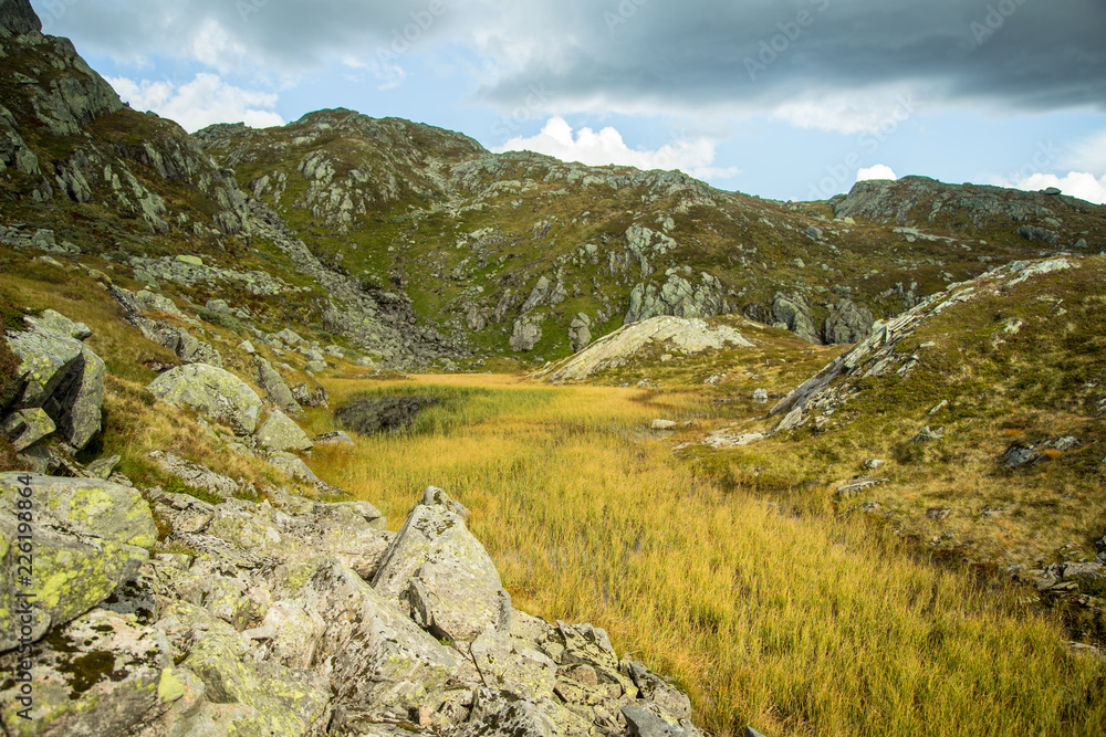 Fototapeta premium A beautiful autumn landscape in Folgefonna National Park in Norway during a hike in windy, rainy weather. Mountains in Scandinavia. Autumn scenery in wilderness.