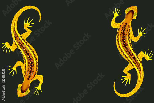green background with yellow patterned lizards close-up and copy space