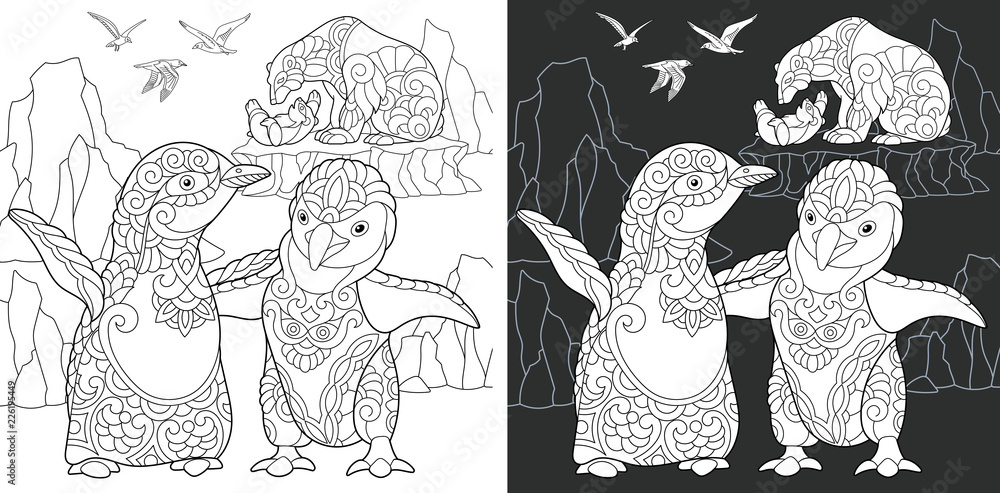 Fototapeta premium Penguins, polar bears, sea gulls. Coloring Page. Coloring Book.