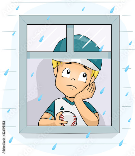 Kid Boy Raining Cant Play Baseball Illustration