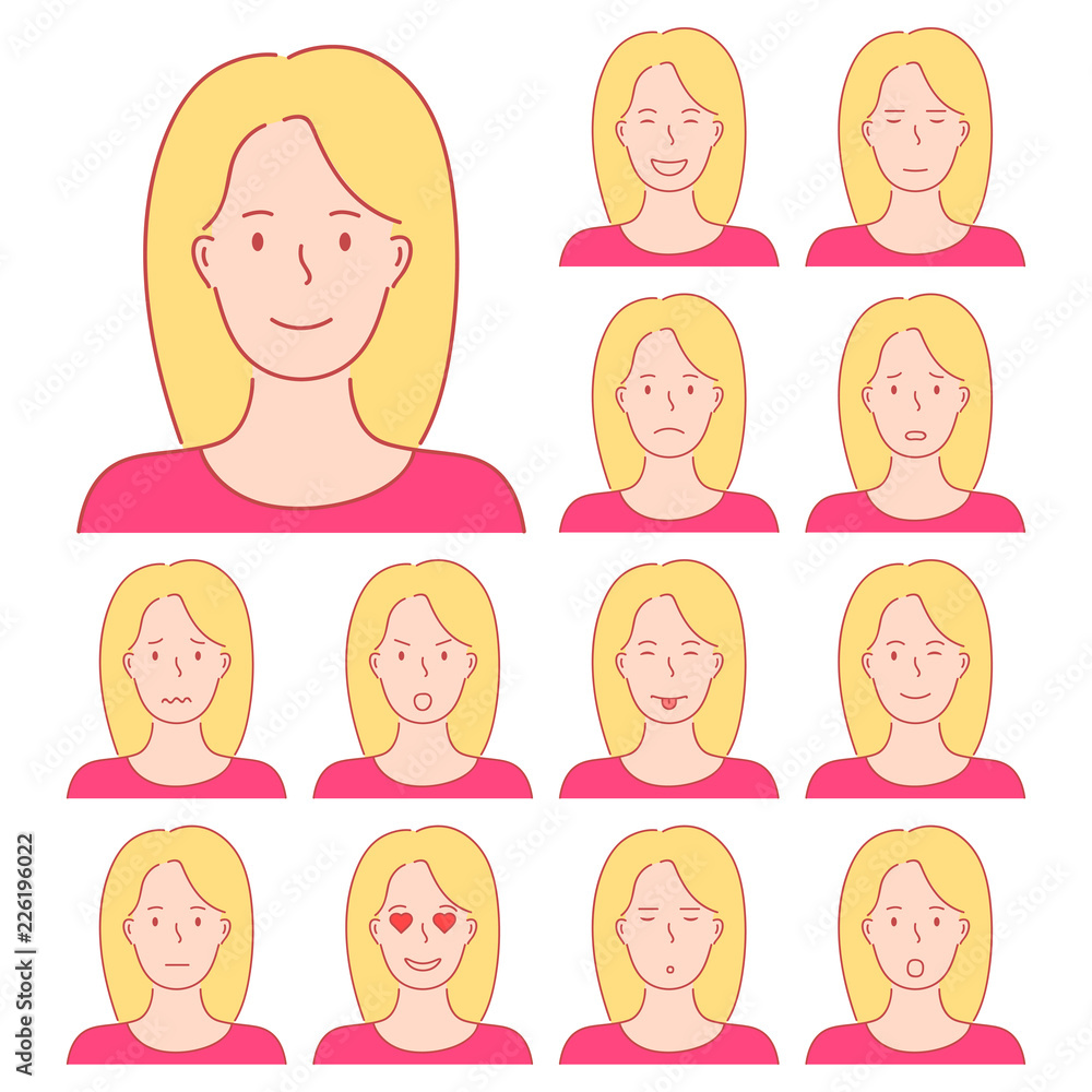 Isolated set of female avatar expressions. Different emotions of a woman with blond hair. Isolated set of female avatar expressions. Different emotions of a woman with blond hair.